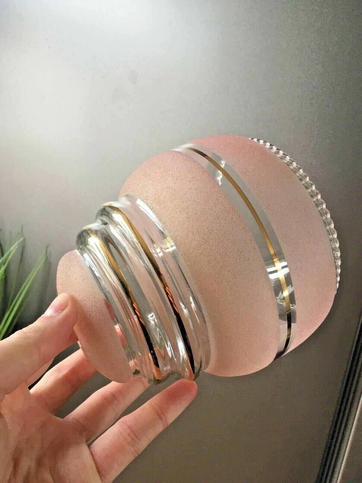Art Deco Pink Sugar Frosted Beehive Gilded Bands Glass Lamp Light Shade photo vinterior