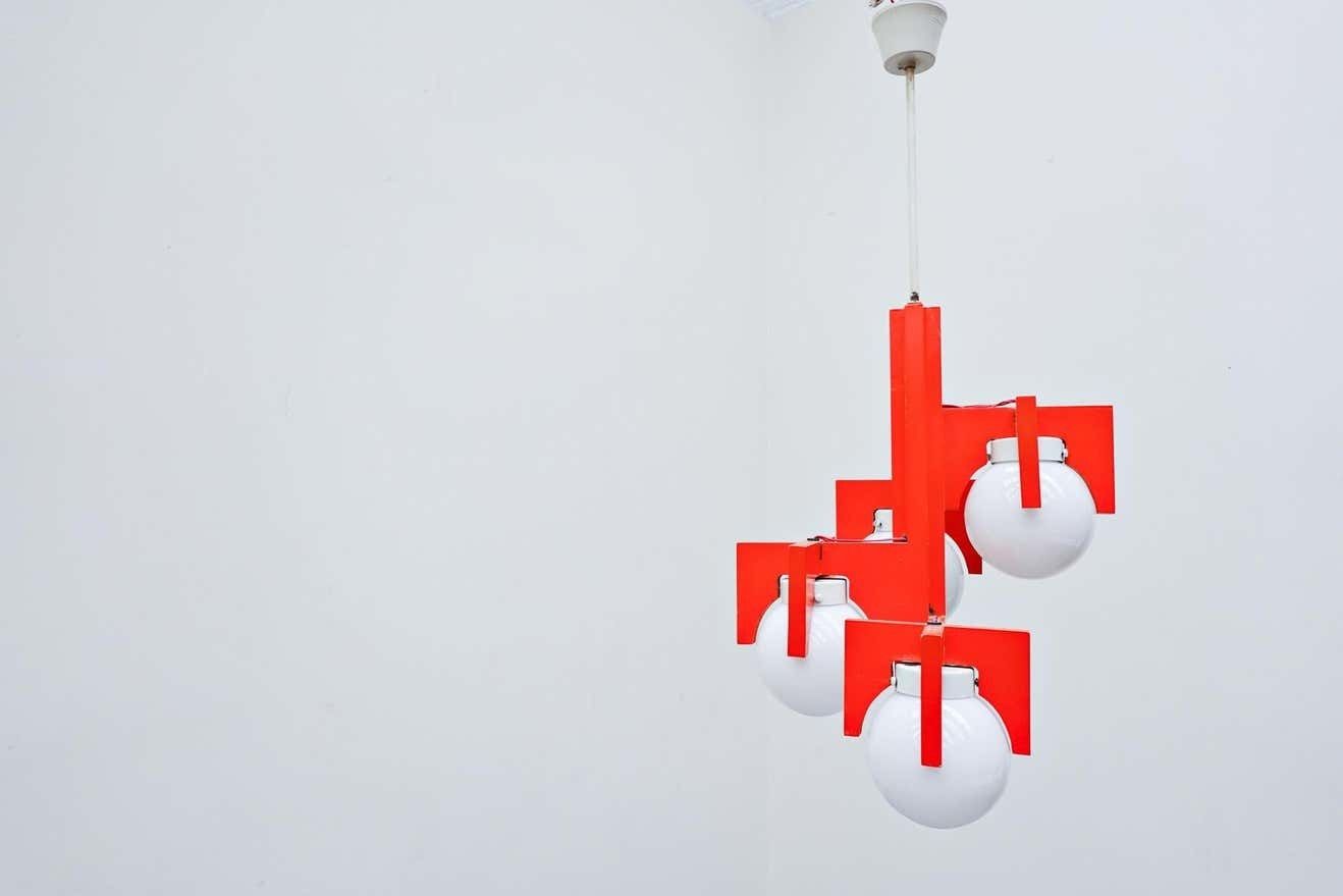 photo for sale Mid Century Red Lacquered Wood And Opaline Suspension, Italy 1970s