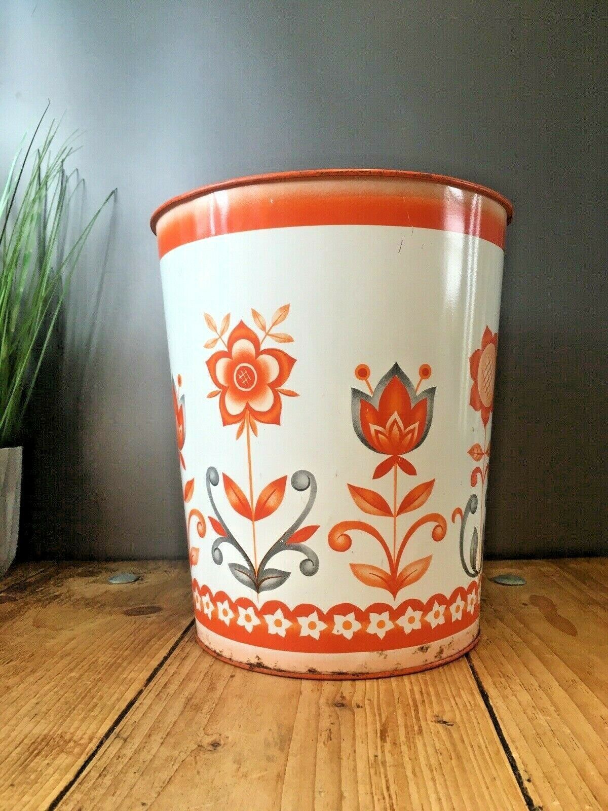 Retro 60's 70's Orange Floral Worcester Ware Tudor Tin Waste Paper Bin Scandi photo Home Decor