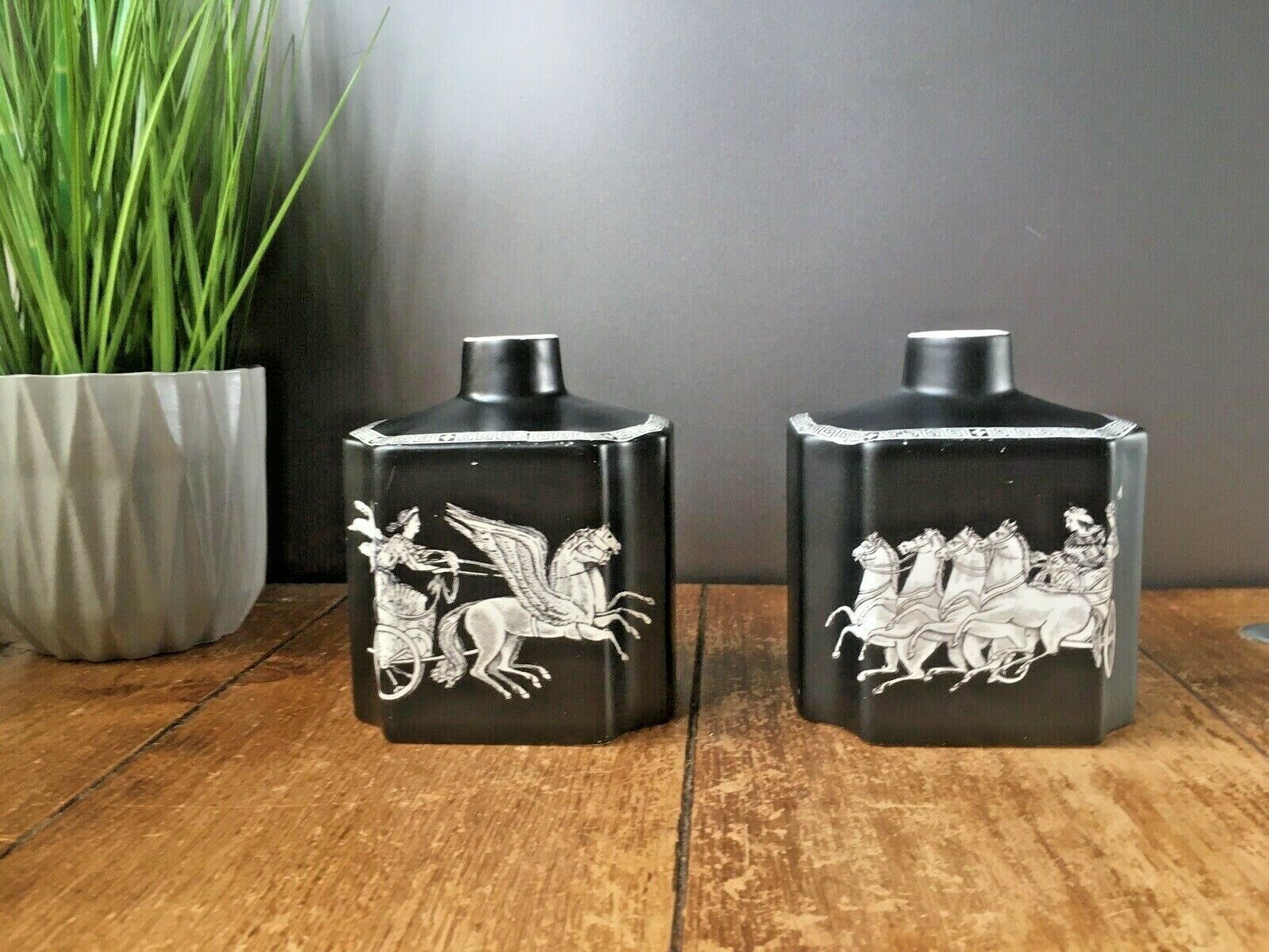 Beautiful Rare Pair Of Antique Neoclassical Adams Pottery Black Chariot Vases