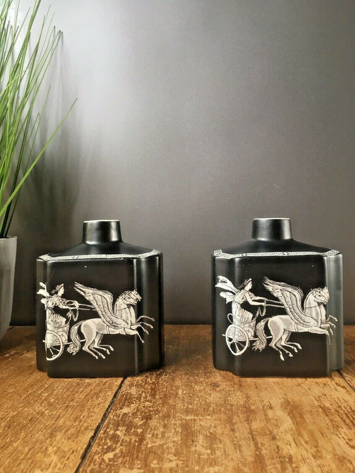 Beautiful Rare Pair Of Antique Neoclassical Adams Pottery Black Chariot Vases photo for sale