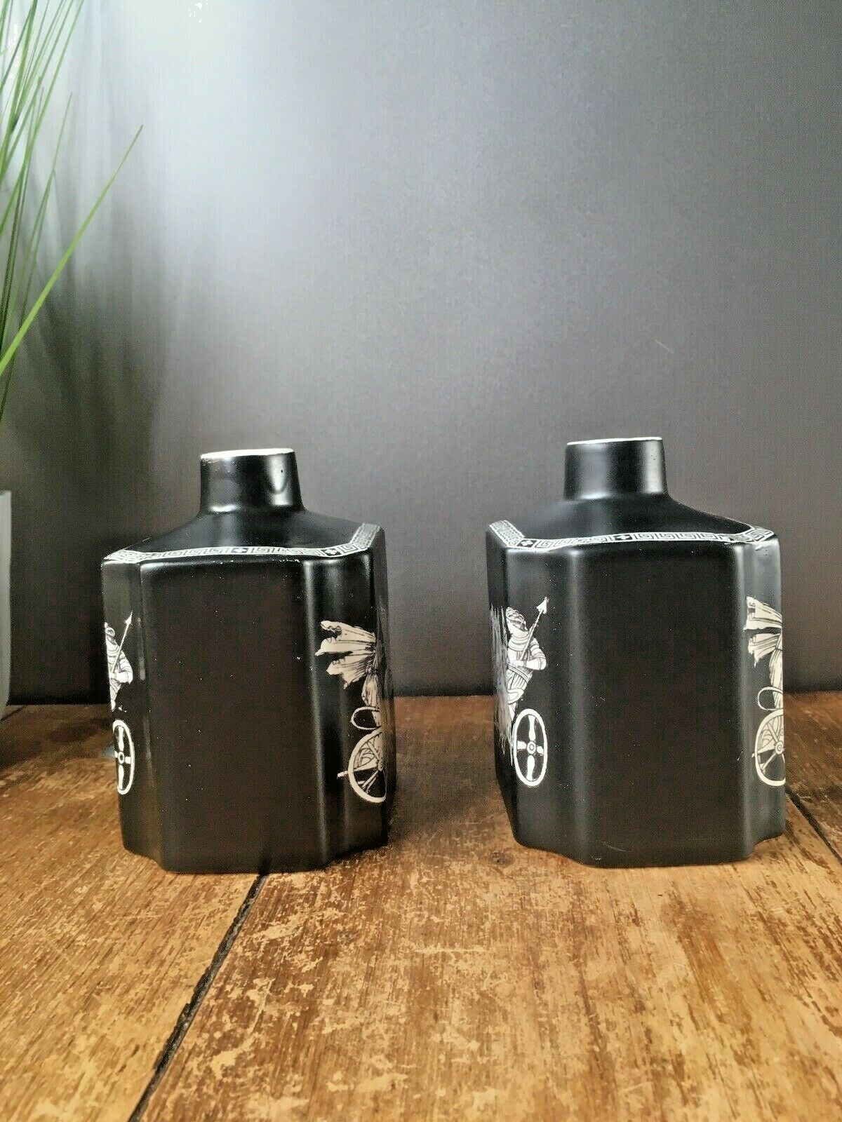 Beautiful Rare Pair Of Antique Neoclassical Adams Pottery Black Chariot Vases photo Home Decor