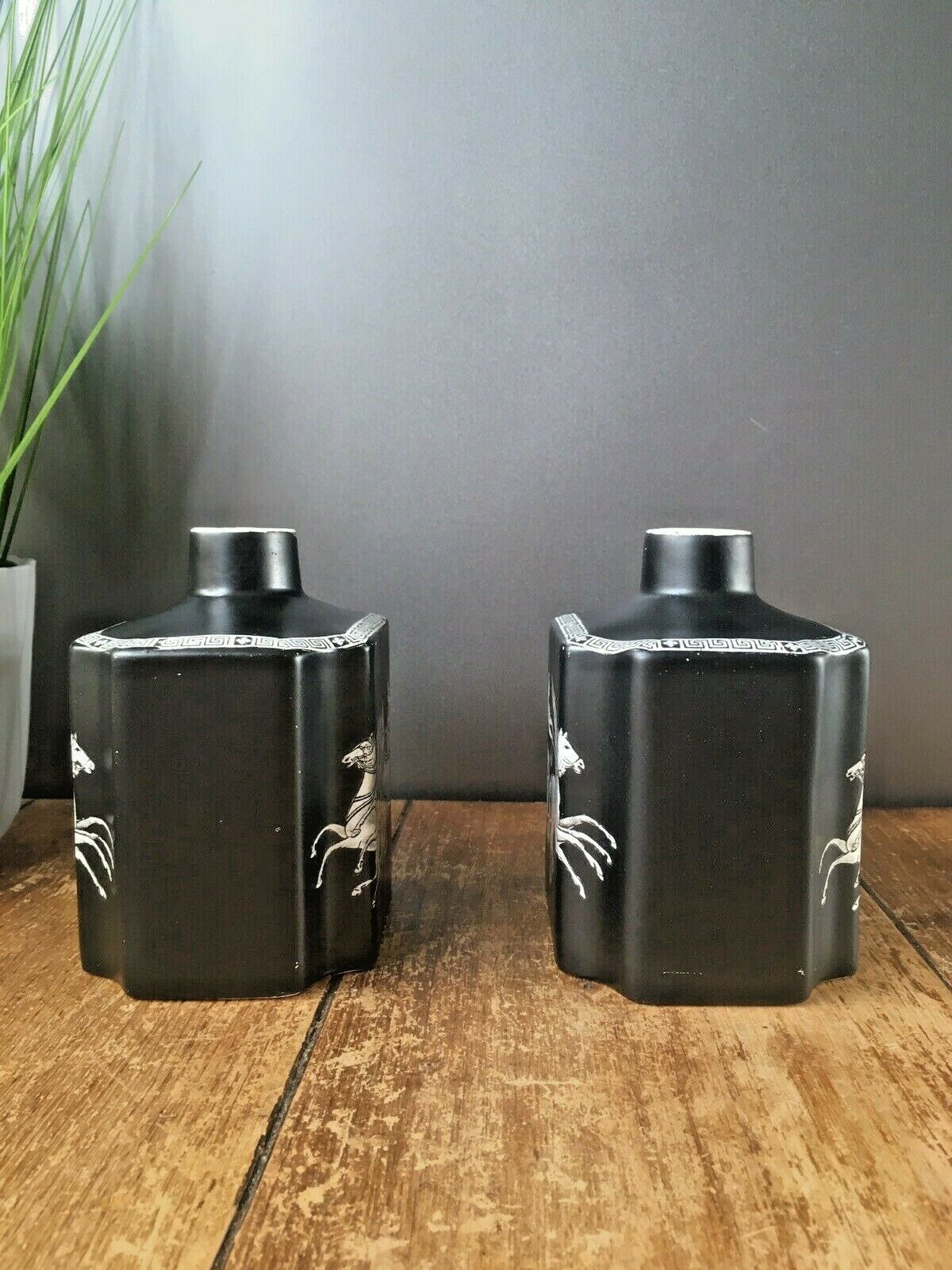 Beautiful Rare Pair Of Antique Neoclassical Adams Pottery Black Chariot Vases photo vinterior