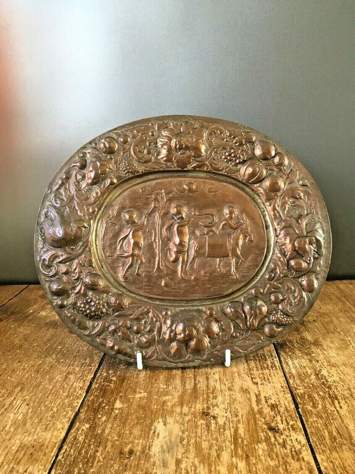Antique Heavy Copper Plated Repousse Goat Cherub Neoclassical Scene Wall Plaque photo for sale