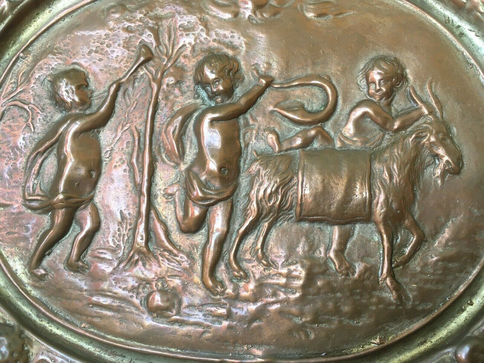 Antique Heavy Copper Plated Repousse Goat Cherub Neoclassical Scene Wall Plaque photo vinterior