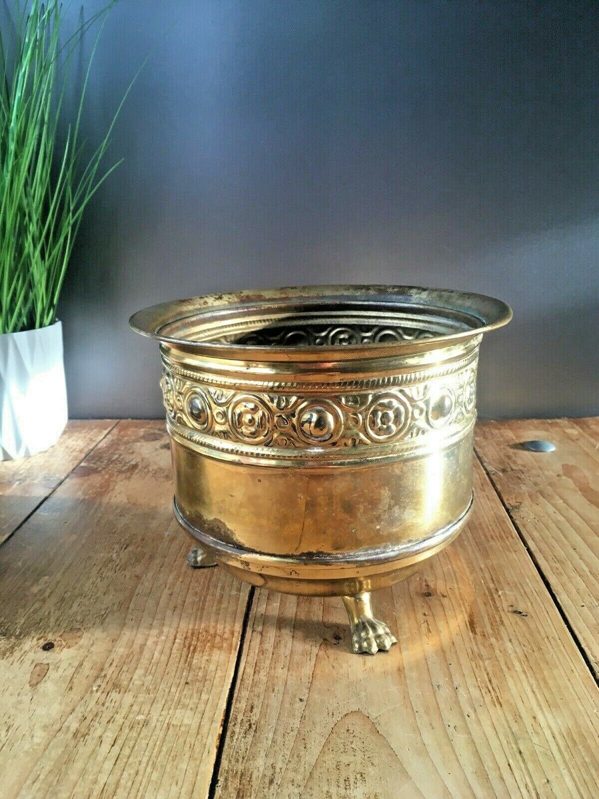 Vintage Brass Floral Rosettes Lions Foot Planter Flower Plant Pot Boho Antique photo Garden Decor