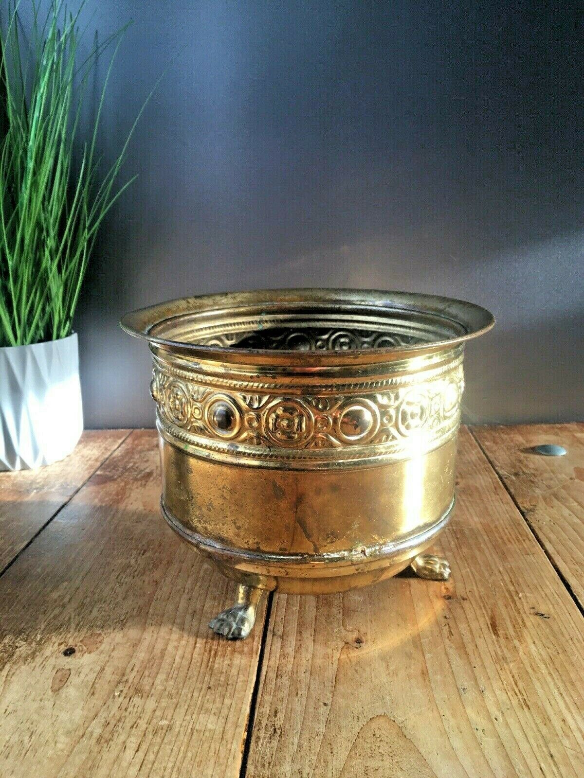 Vintage Brass Floral Rosettes Lions Foot Planter Flower Plant Pot Boho Antique photo vinterior