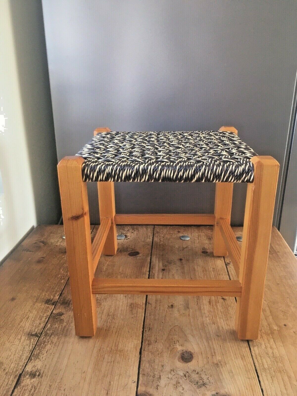 photo furniture Brown & Yellow Retro Woven Raffia String Pine Footstool Mid Century Modern Stool