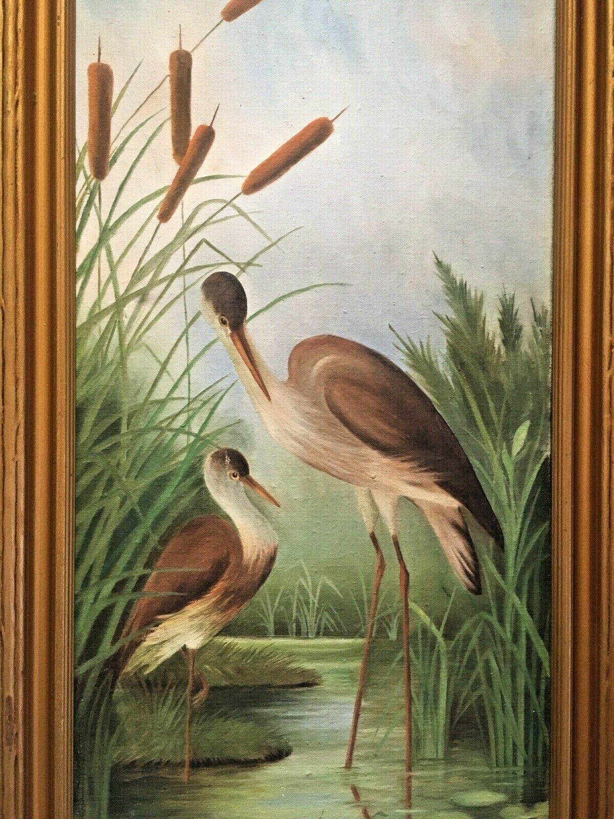 Aesthetic Movement Style Pond Herons Cattails Lily Pad C.Russell Framed Painting photo vintage