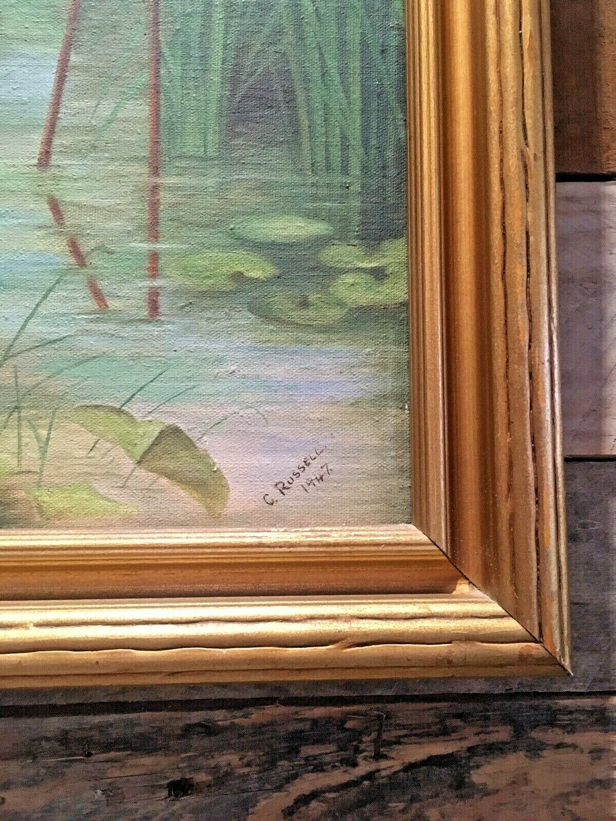 photo furniture Aesthetic Movement Style Pond Herons Cattails Lily Pad C.Russell Framed Painting
