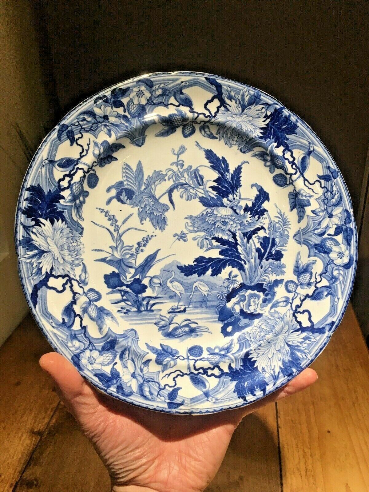 Rare Antique C1825 Wedgwood Blue & White Crane Pattern Chinoiserie Cabinet Plate photo 110.0