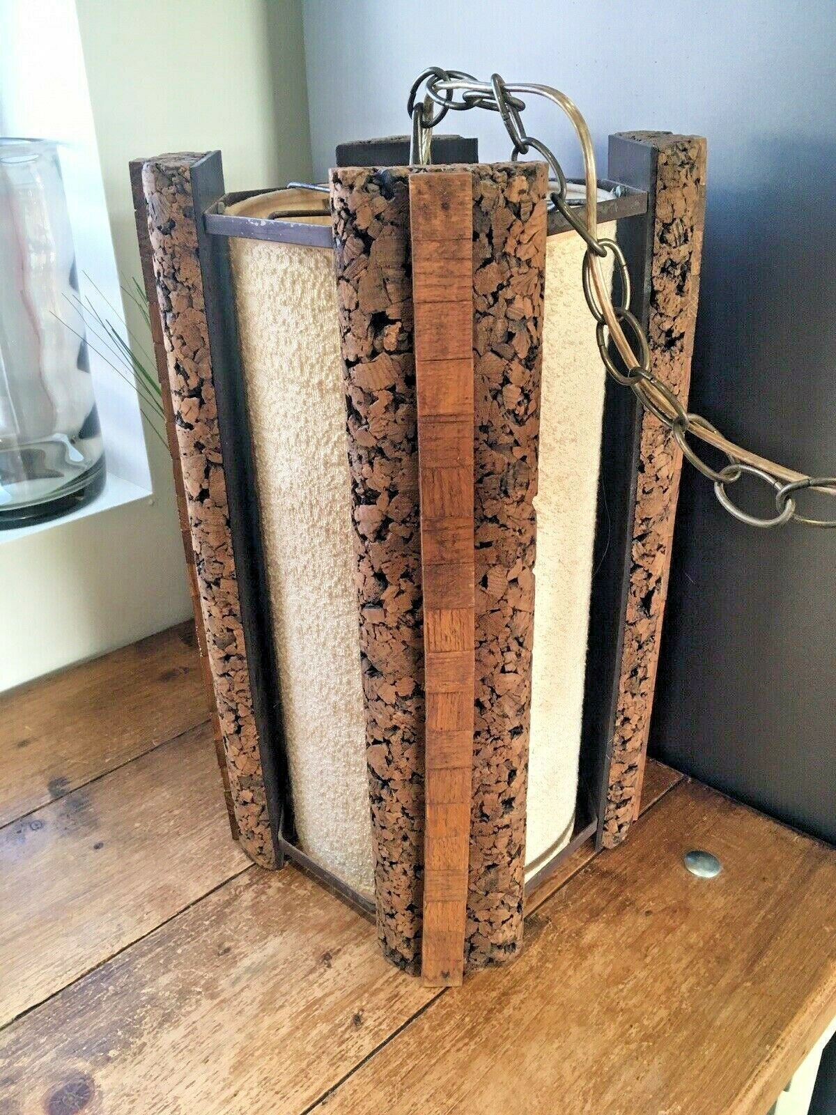 Huge Mid Century 1960's Danish Cork & Teak Ceiling Light Fabric Shade Mcm Scandi photo Lighting