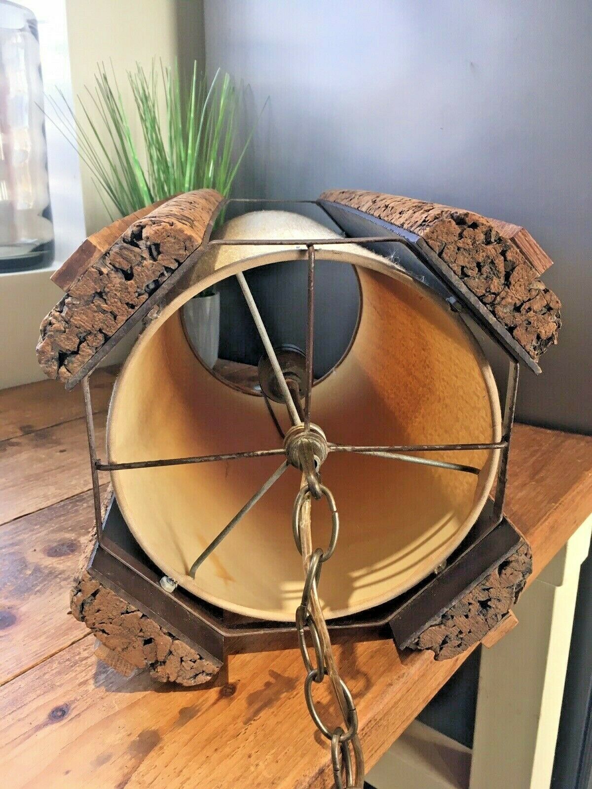 Huge Mid Century 1960's Danish Cork & Teak Ceiling Light Fabric Shade Mcm Scandi photo vintage