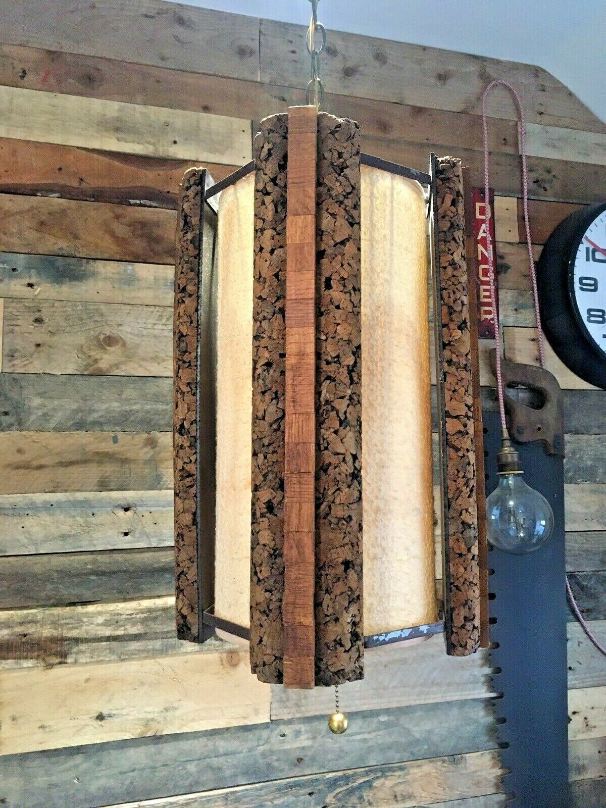 photo for sale Huge Mid Century 1960's Danish Cork & Teak Ceiling Light Fabric Shade Mcm Scandi