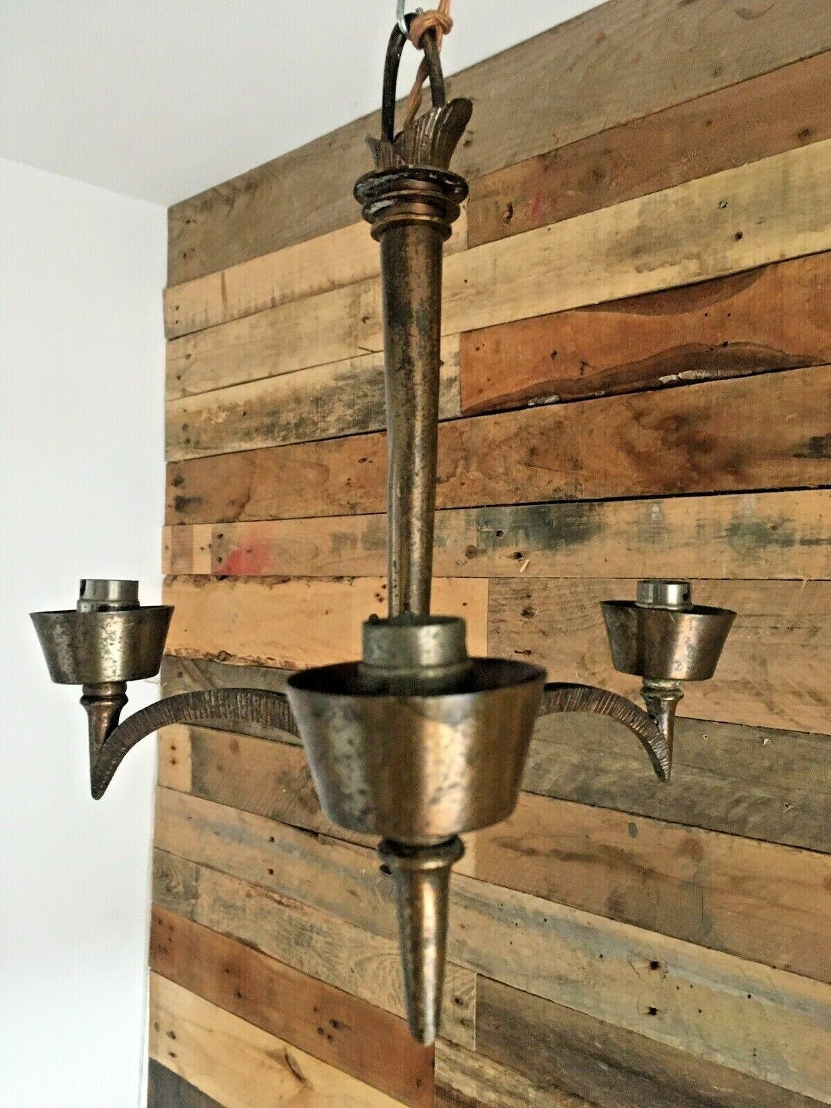 photo for sale Unusual Antique 1920's French Bronze 3 Arm Ceiling Light Chandelier Gothic Discs