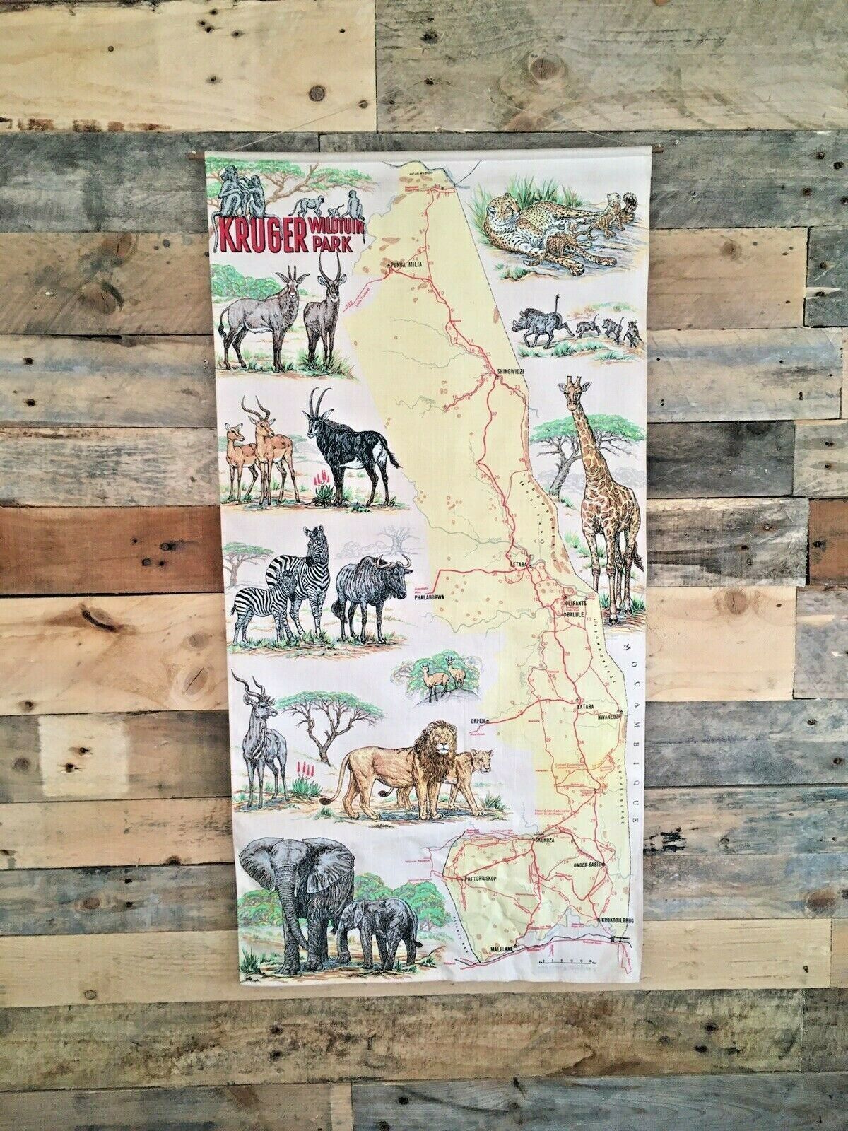 Rare 1970's Kruger Wildtuin Park Safari Map South Africa Wall Art Hanging Poster