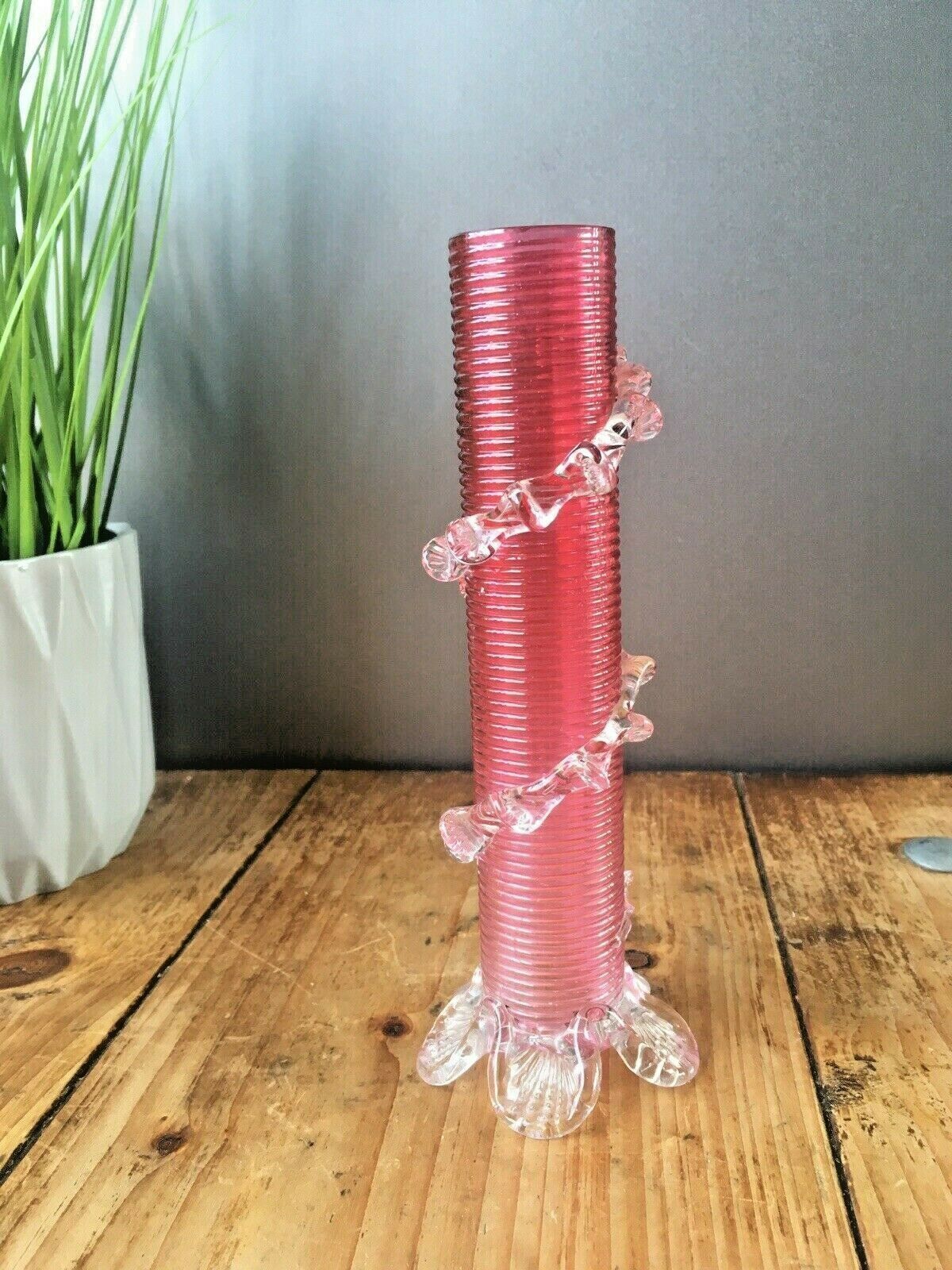 Antique Pink Cranberry Clear Applied Rigaree Footed Ribbed Glass Flower Bud Vase