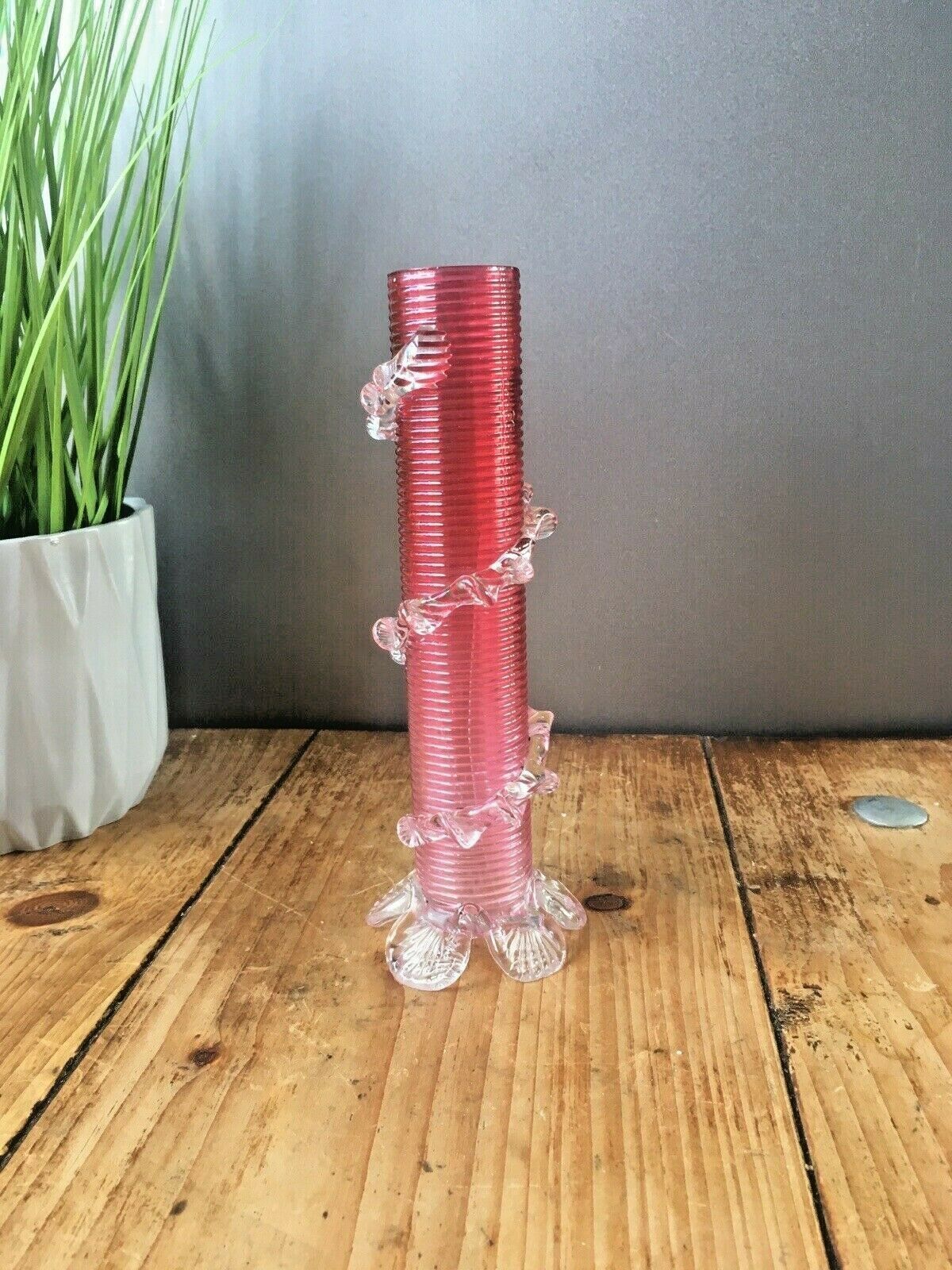 Antique Pink Cranberry Clear Applied Rigaree Footed Ribbed Glass Flower Bud Vase photo for sale