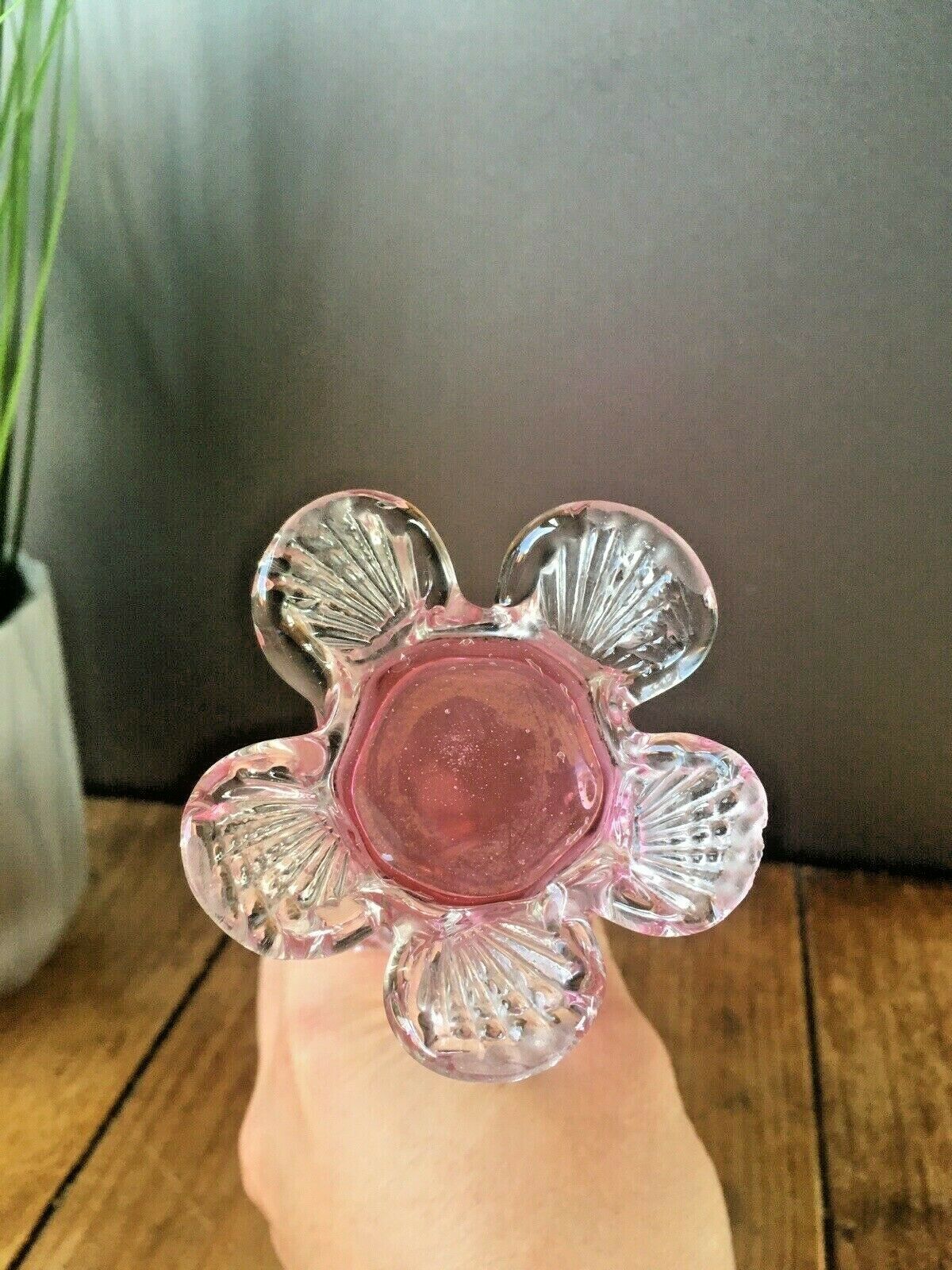 Antique Pink Cranberry Clear Applied Rigaree Footed Ribbed Glass Flower Bud Vase photo vintage