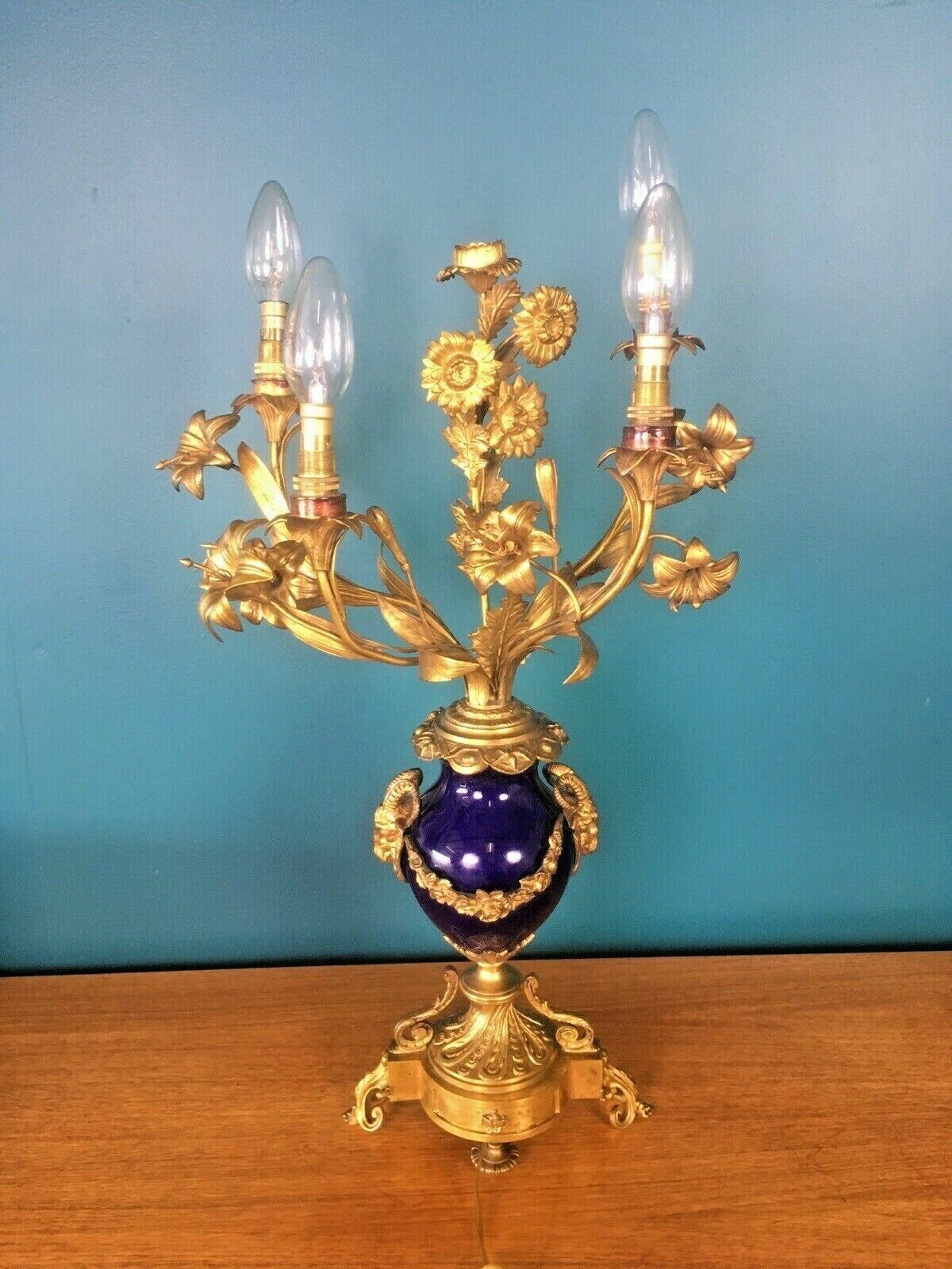 Antique Pair Of Cobalt Ormolu Louis XV Ram Candelabra Lamps Hollywood Regency photo furniture