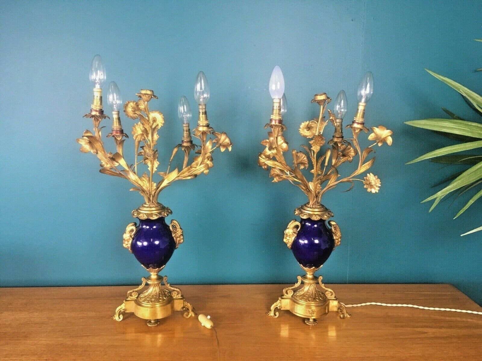 Antique Pair Of Cobalt Ormolu Louis XV Ram Candelabra Lamps Hollywood Regency photo vinterior