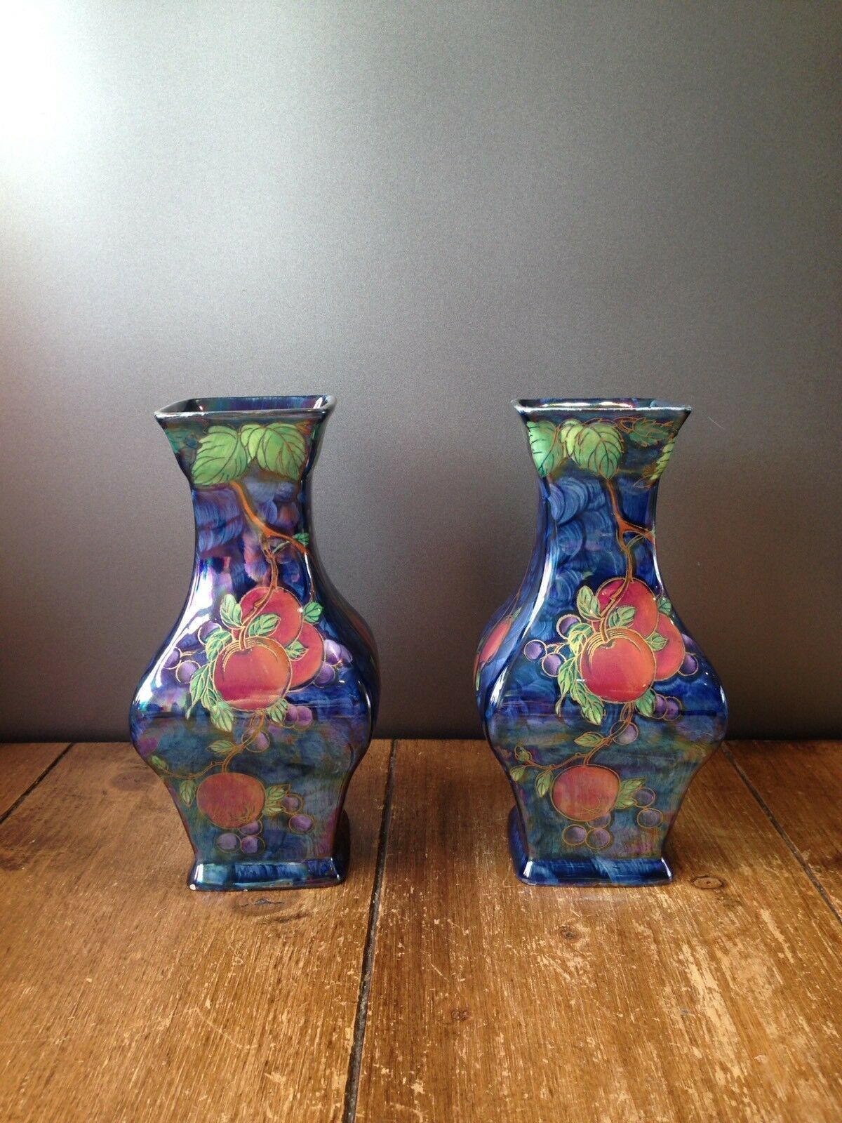 C1929 Rare Pair Of Art Deco Maling Plum & Orchard Fruits Blue Lustre Vases 3449