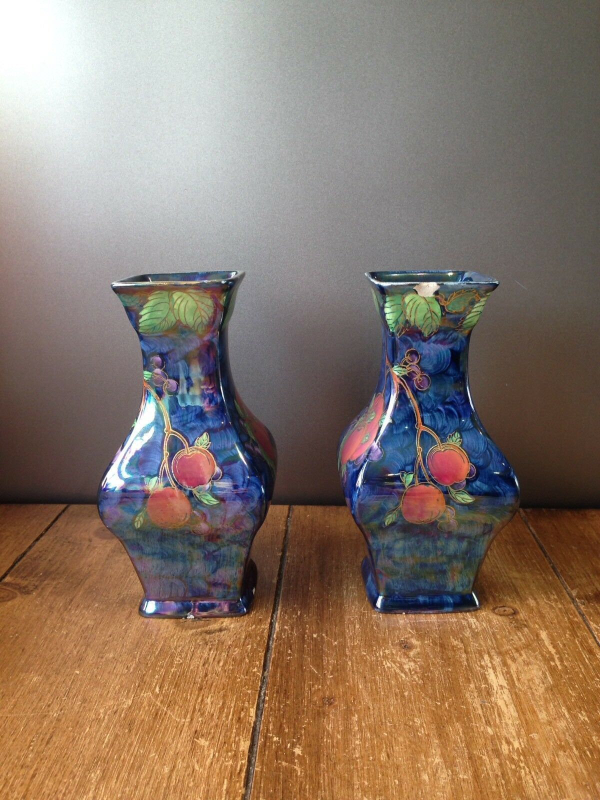 C1929 Rare Pair Of Art Deco Maling Plum & Orchard Fruits Blue Lustre Vases 3449 photo Home Decor
