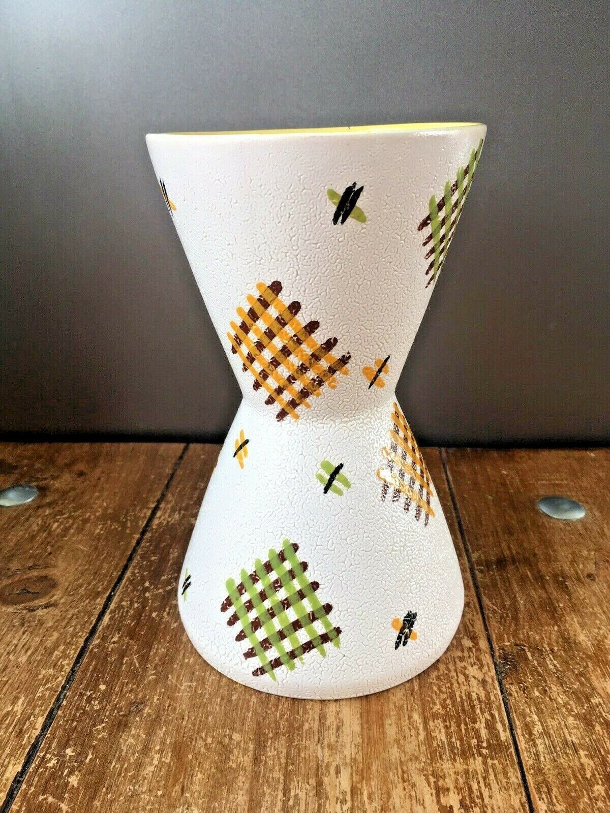 Large Mcm West German Or Italian Pottery Vase Green Orange Gingham Design Retro photo furniture