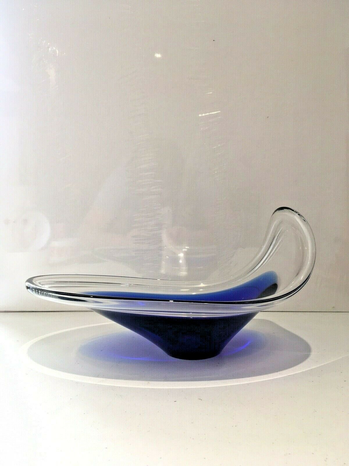 photo for sale Mid Century Modern Swedish Flygsfors Blue Freeform Art Glass Bowl   Paul Kedelv