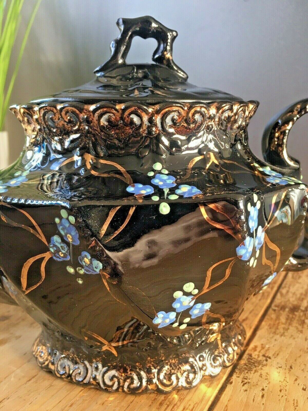 Beautiful Victorian Jackfield Black Gold Gilt Blue Floral Teapot Gibsons Jetware photo furniture