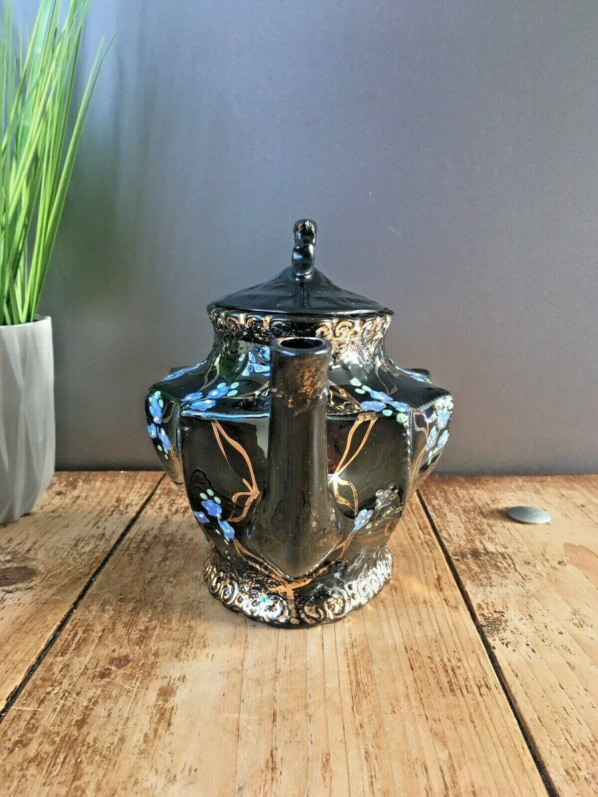 Beautiful Victorian Jackfield Black Gold Gilt Blue Floral Teapot Gibsons Jetware photo Home Decor