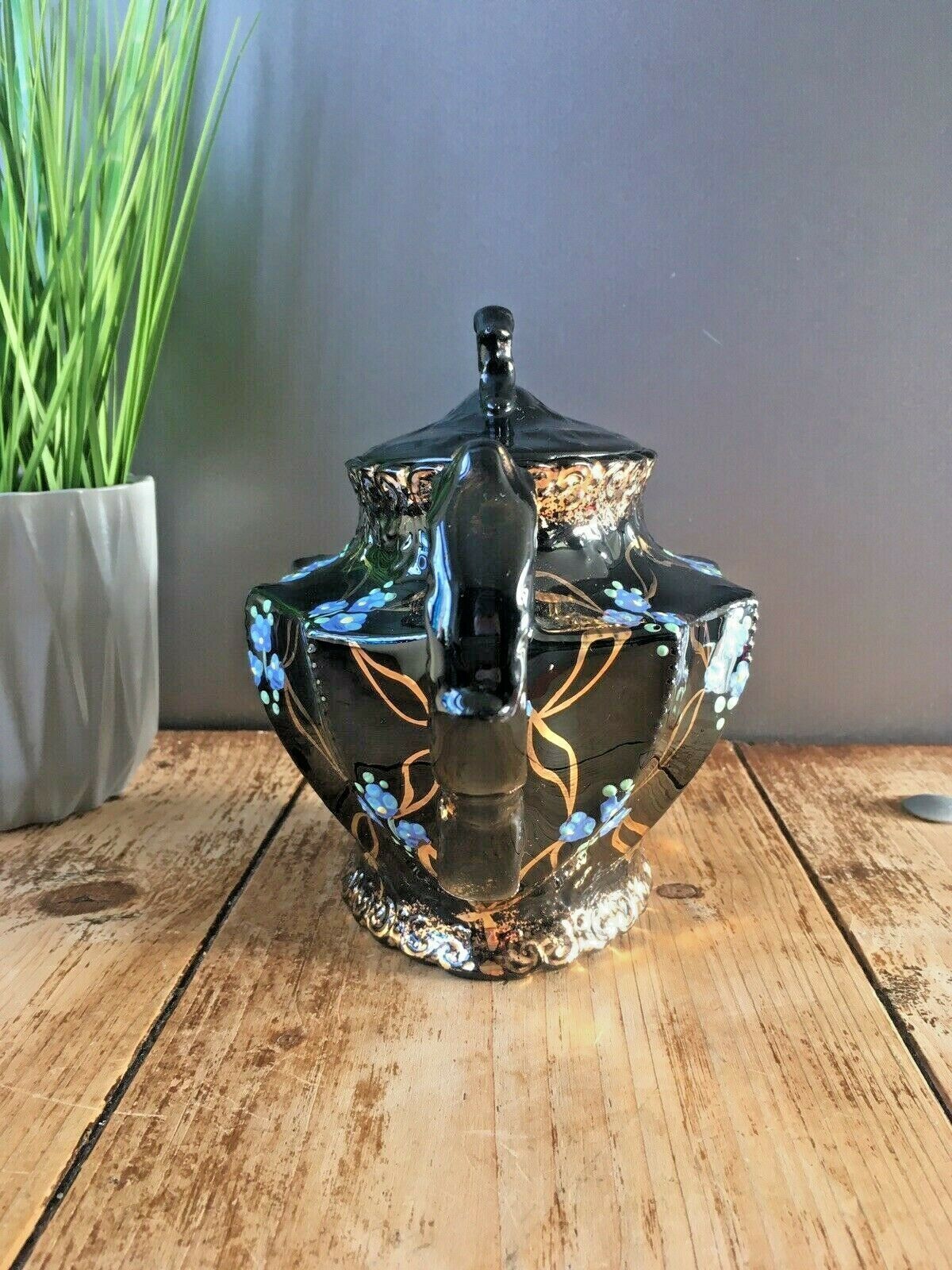 Beautiful Victorian Jackfield Black Gold Gilt Blue Floral Teapot Gibsons Jetware photo 110.0