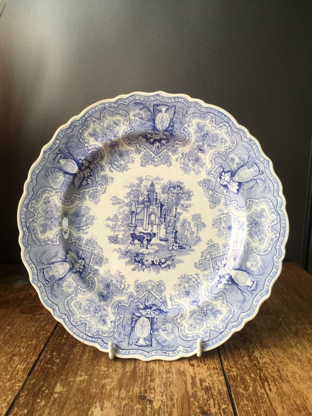 Rare Antique C1816 John Rogers & Son Vase Pattern Blue & White Plate Cows Sheep