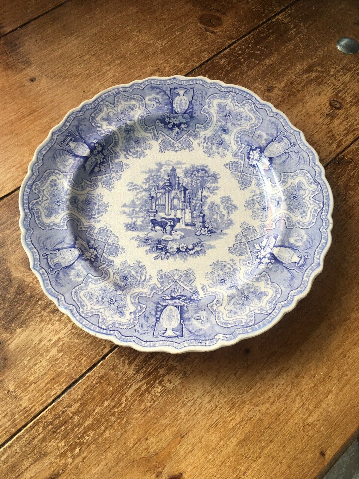 Rare Antique C1816 John Rogers & Son Vase Pattern Blue & White Plate Cows Sheep photo for sale