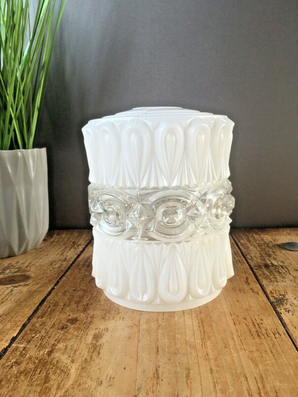 Retro 60s White & Clear Rippled Textured Knobbly Glass Lamp Shade Vintage 70s photo Lighting