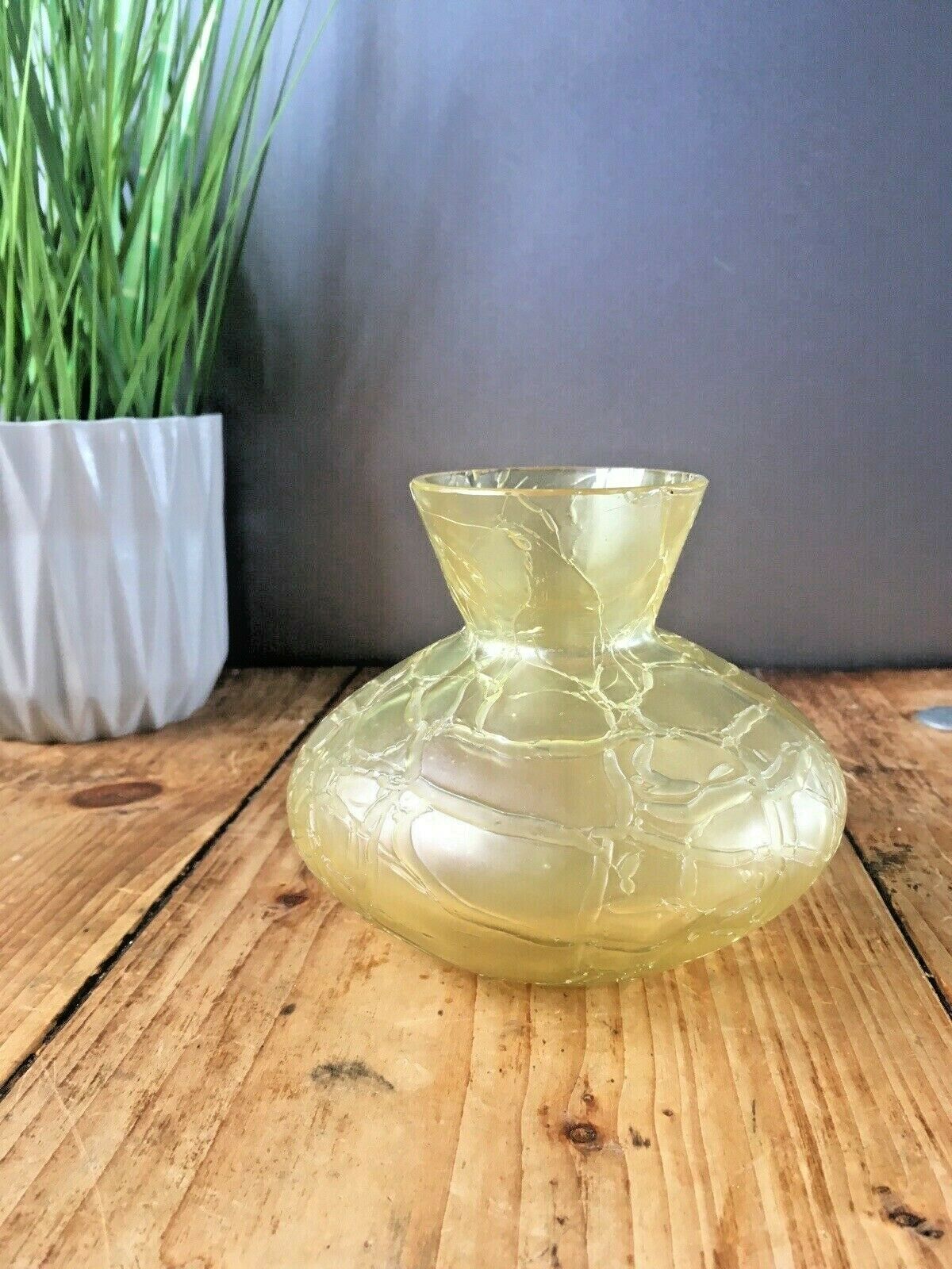 photo for sale Art Nouveau Bohemian Kralik Citron Yellow Crackle Glass Veined Squat Vase Bowl