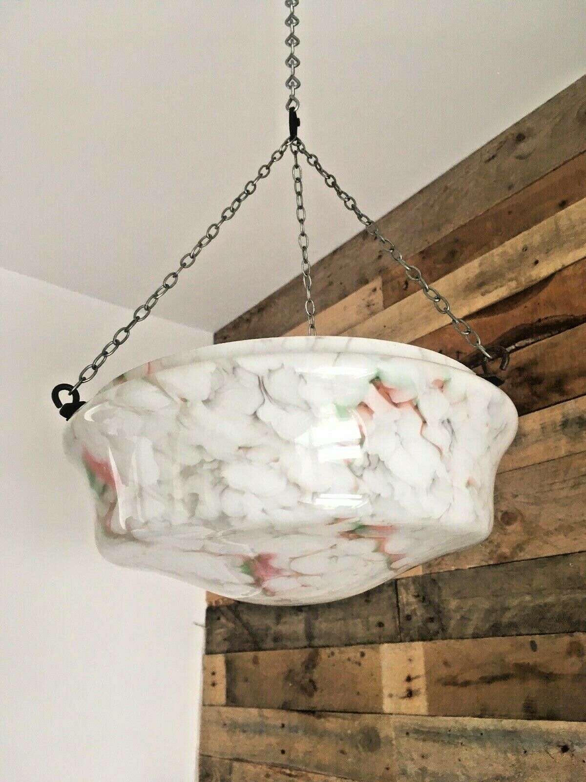 Large 1930s Art Deco White Marbled Splatter Ceiling Flycatcher Glass Light Shade photo buy