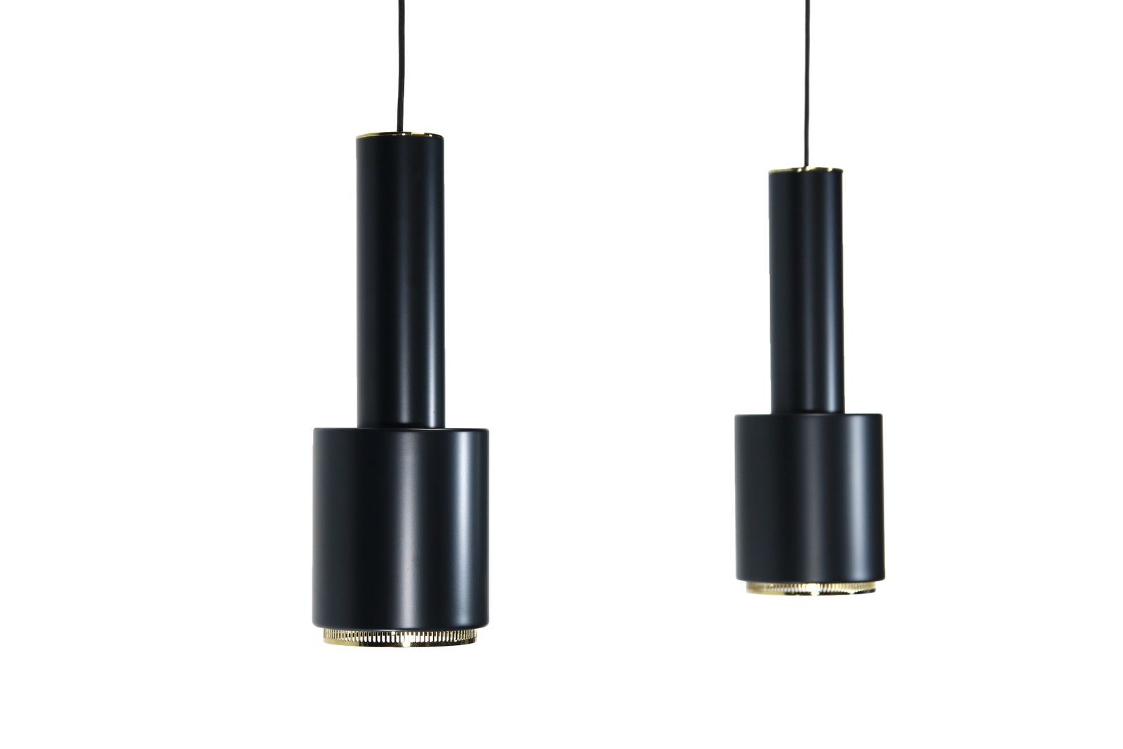 Set Of 2 Alvar Aalto A110 Hand Grenade Pendant Lamps In Black With Brass Detail photo for sale