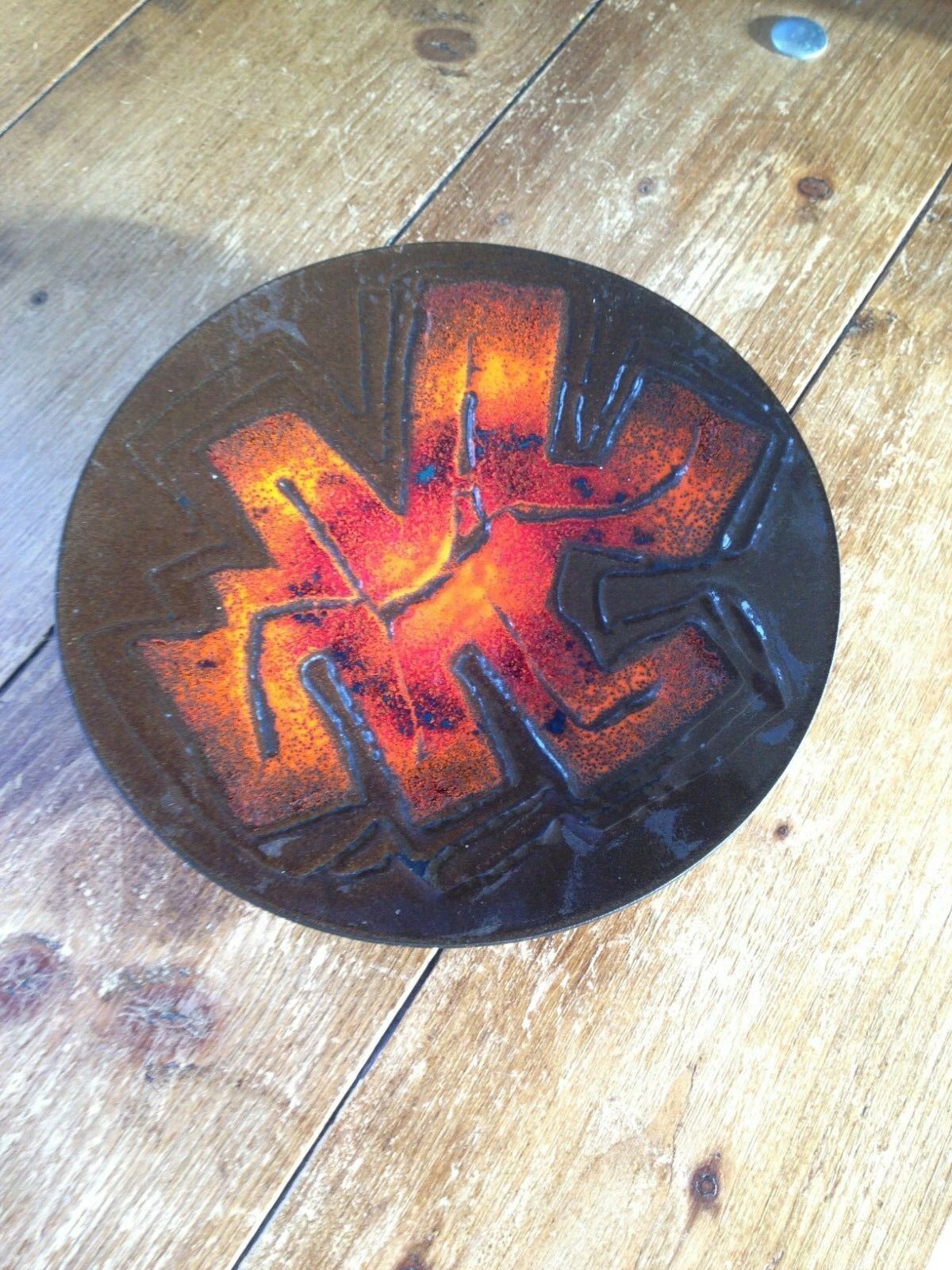 Dutch Mid Century Richard Braun Orange Abstract Enamel Dish Bowl Ijmuiden Steel photo for sale