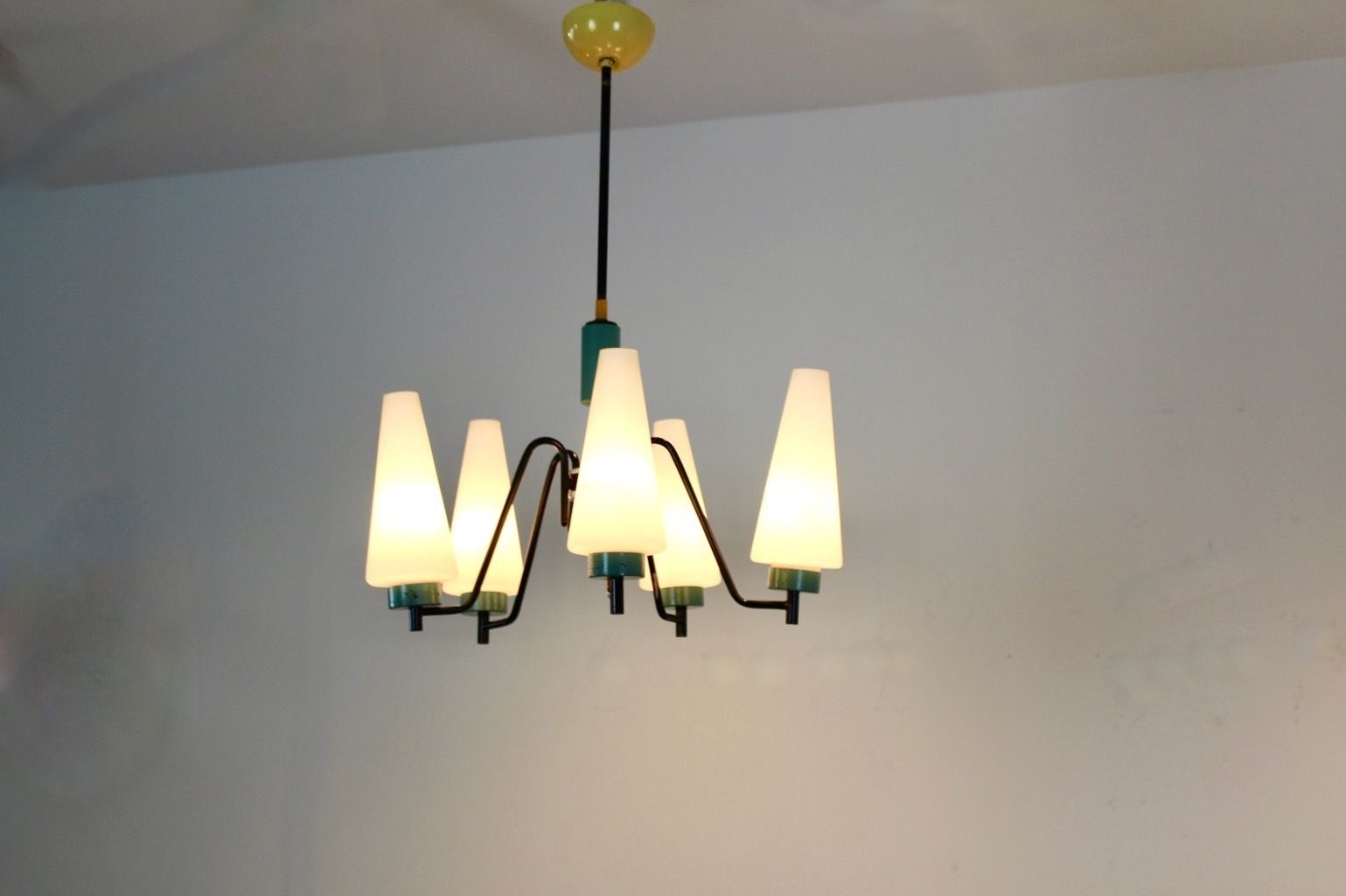 Dutch Steel, Wood & Opaline Glass Pendant photo for sale