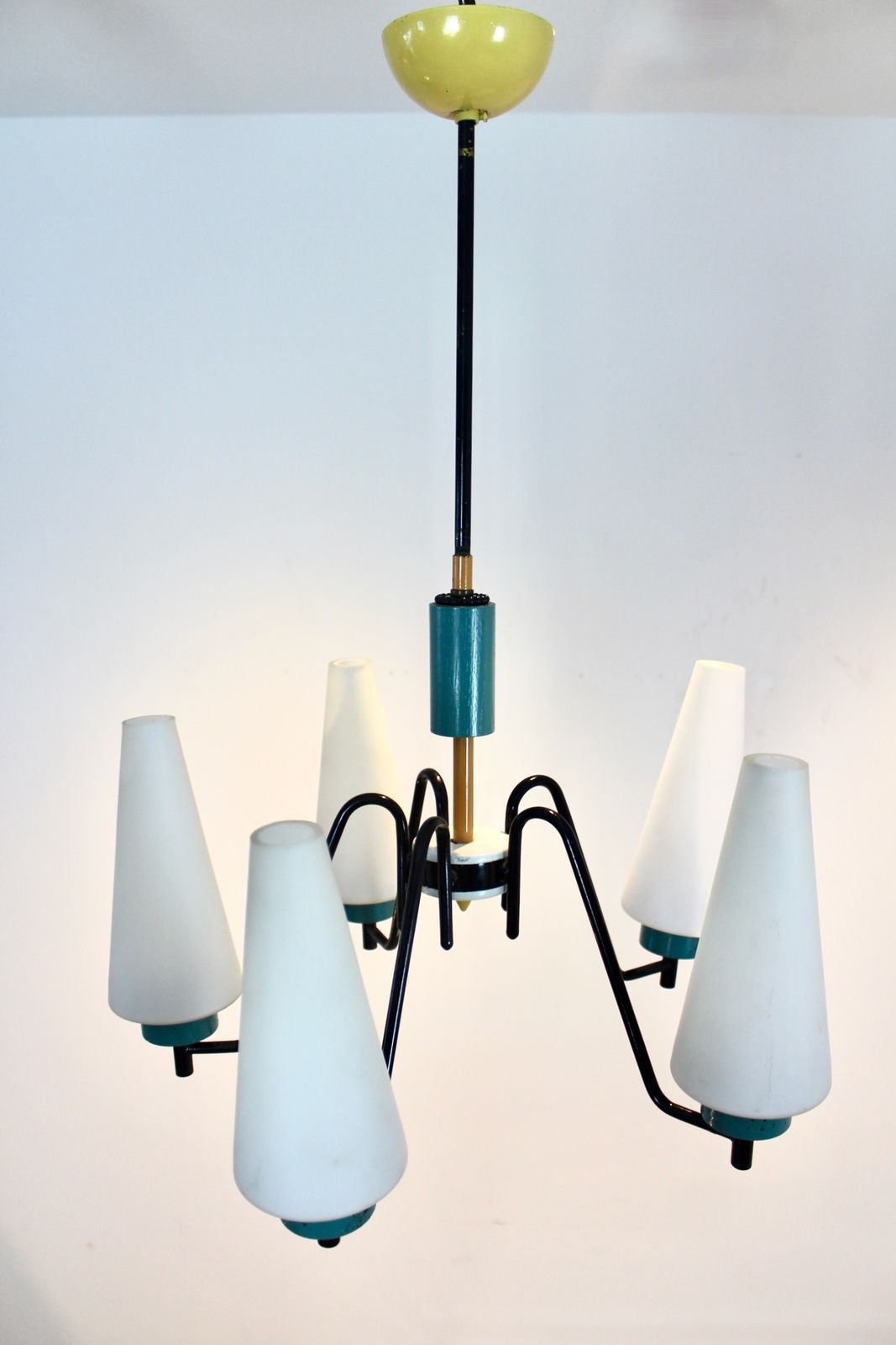 photo for sale Dutch Steel, Wood & Opaline Glass Pendant