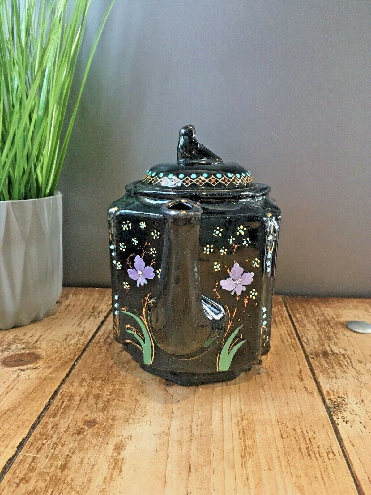 Antique Jackfield Black Gold Purple Floral Teapot & Trivet Stand Gibsons Jetware photo vinterior