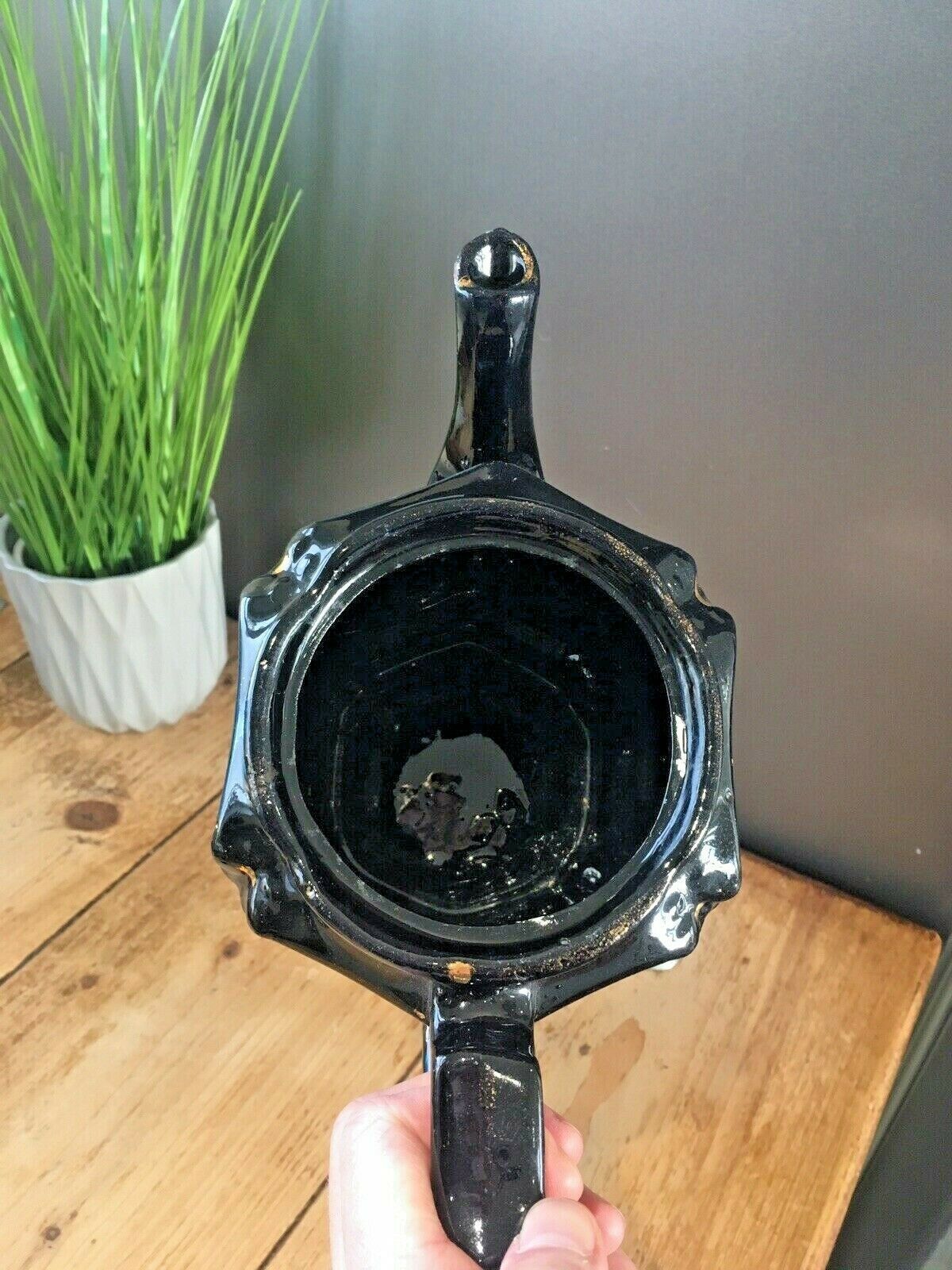 photo for sale Antique Jackfield Black Gold Purple Floral Teapot & Trivet Stand Gibsons Jetware