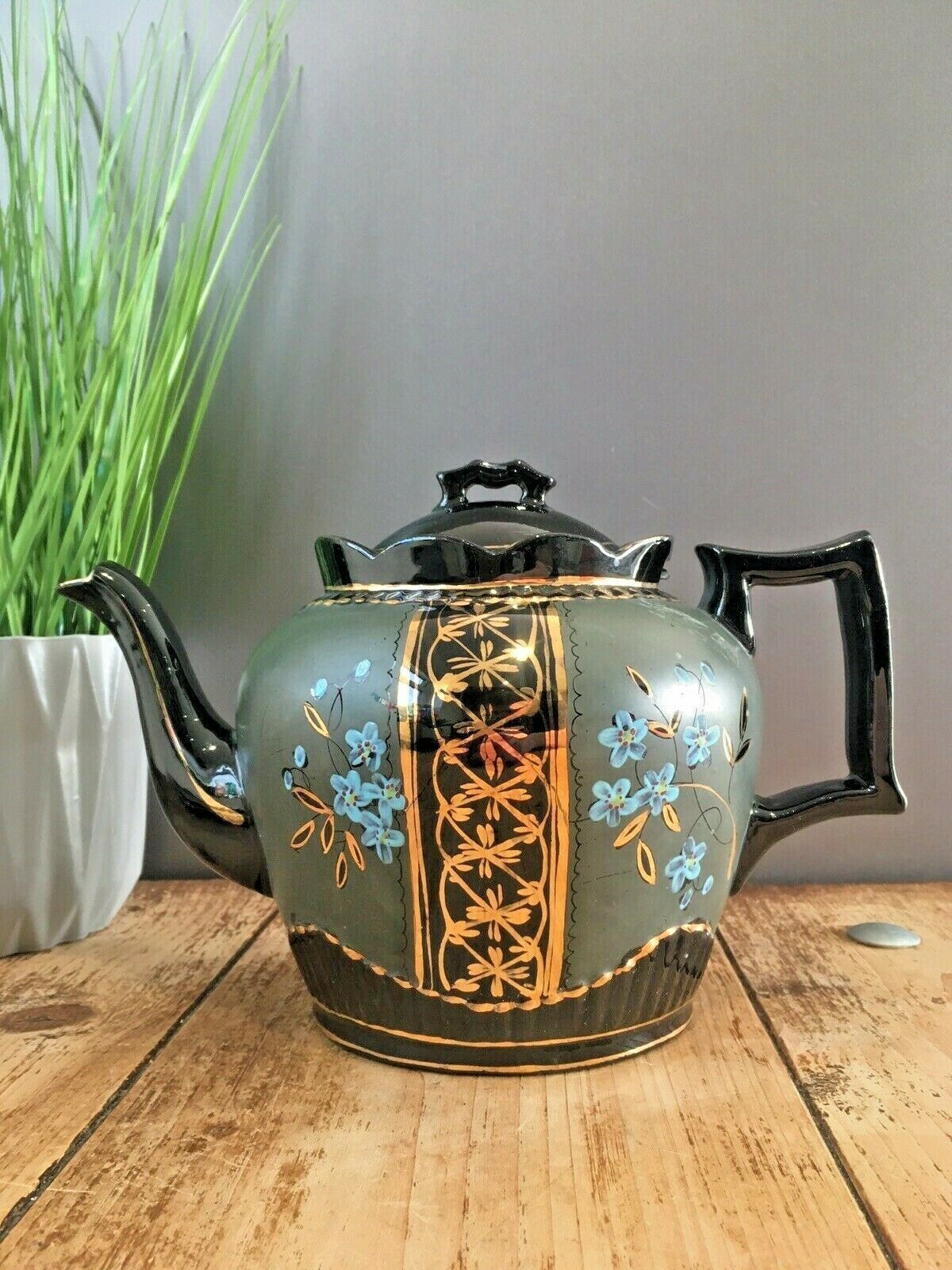 Antique Jackfield Green Gold Blue Floral Teapot & Trivet Stand Gibsons Jetware photo Home Decor