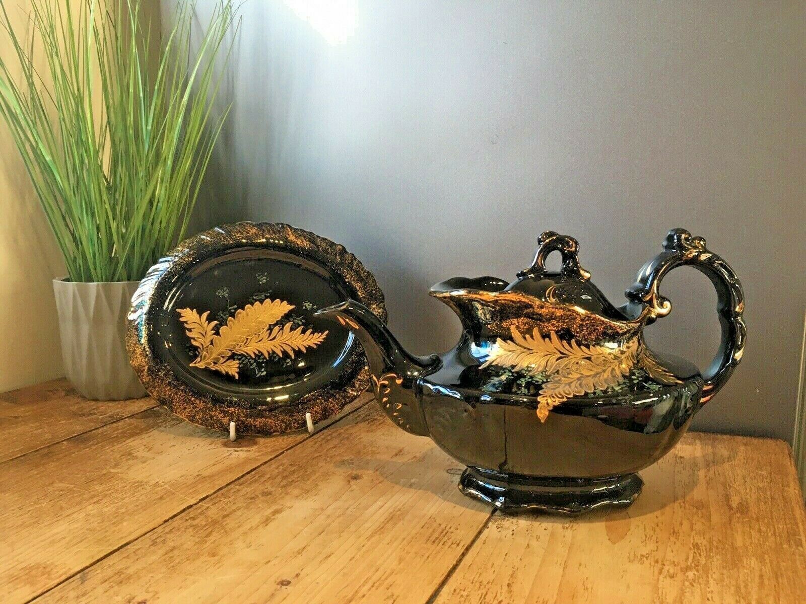 Antique Jackfield Black Gold Gilt Leaves Teapot & Trivet Stand Gibsons Jetware