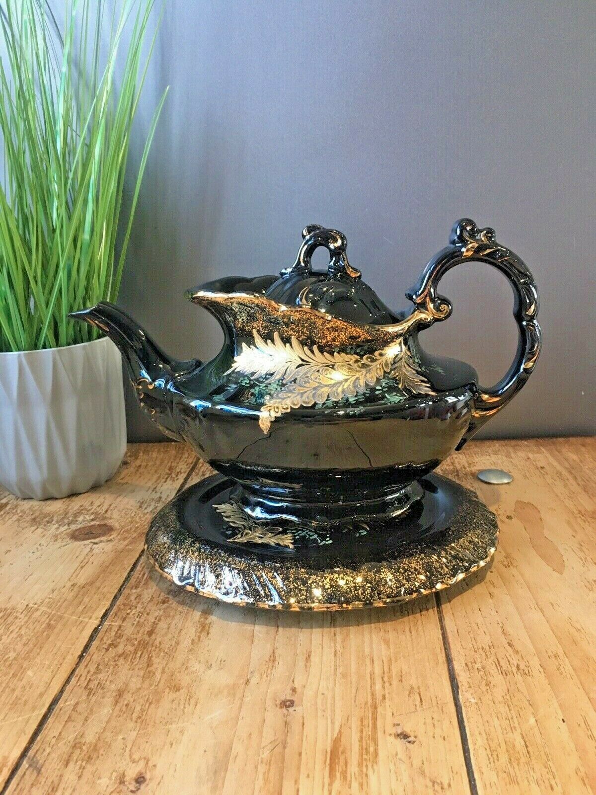 Antique Jackfield Black Gold Gilt Leaves Teapot & Trivet Stand Gibsons Jetware photo for sale