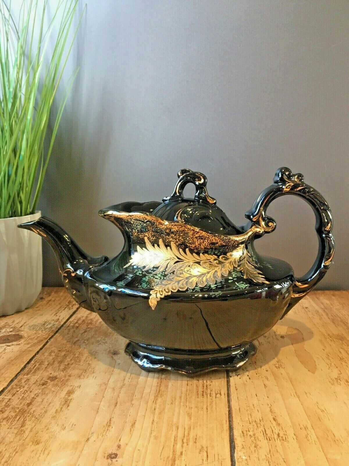 Antique Jackfield Black Gold Gilt Leaves Teapot & Trivet Stand Gibsons Jetware photo Home Decor