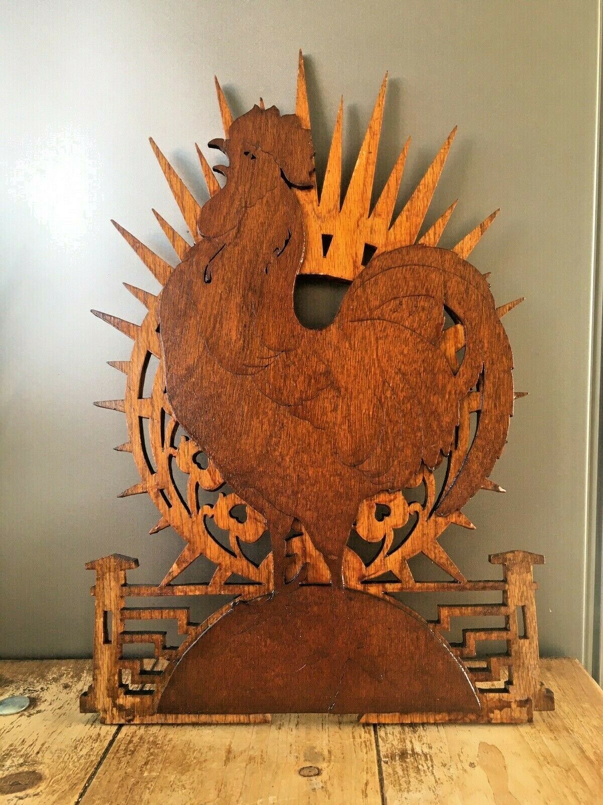 Antique Mid Century Modern Sunburst Chicken Rooster Fretwork Wall Plaque Hanging photo for sale