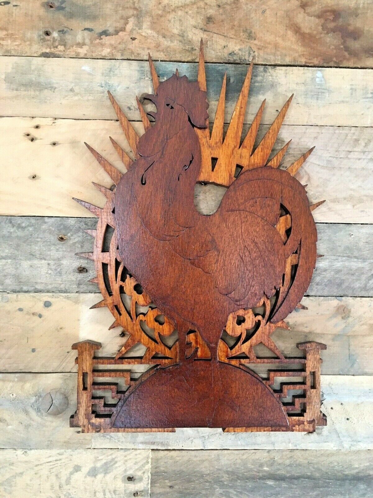 photo for sale Antique Mid Century Modern Sunburst Chicken Rooster Fretwork Wall Plaque Hanging