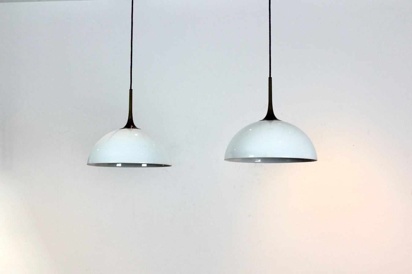 Pair Of Brass And White Opal Glass Pendant Lights By Florian Schulz photo 4139.2